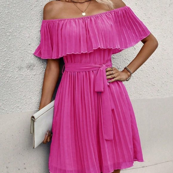 Hot Pink Casual Womens Off Shoulder Pleated Belted Dress - Picture 5 of 5